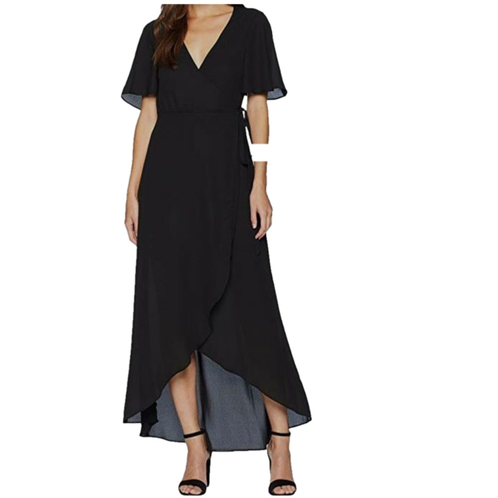 Show Me Your Mumu Women Xs Black Flutter Sleeve Maxi Full Wrap Dress Feminine